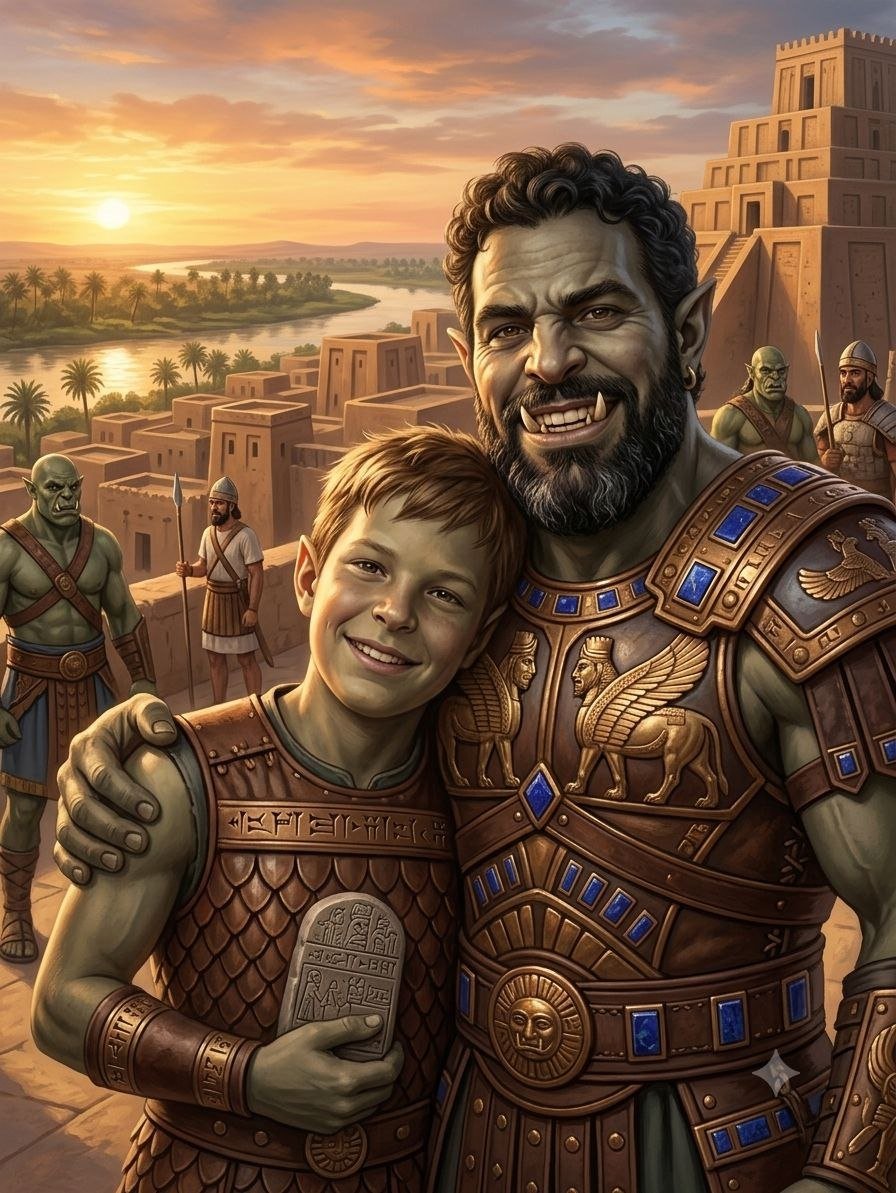 Enki, científico jefe Anunnaki, abrazando al primer prototipo A.D.A.M. humano en los Jardines del Edin, con zigurats y escritura cuneiforme al fondo.